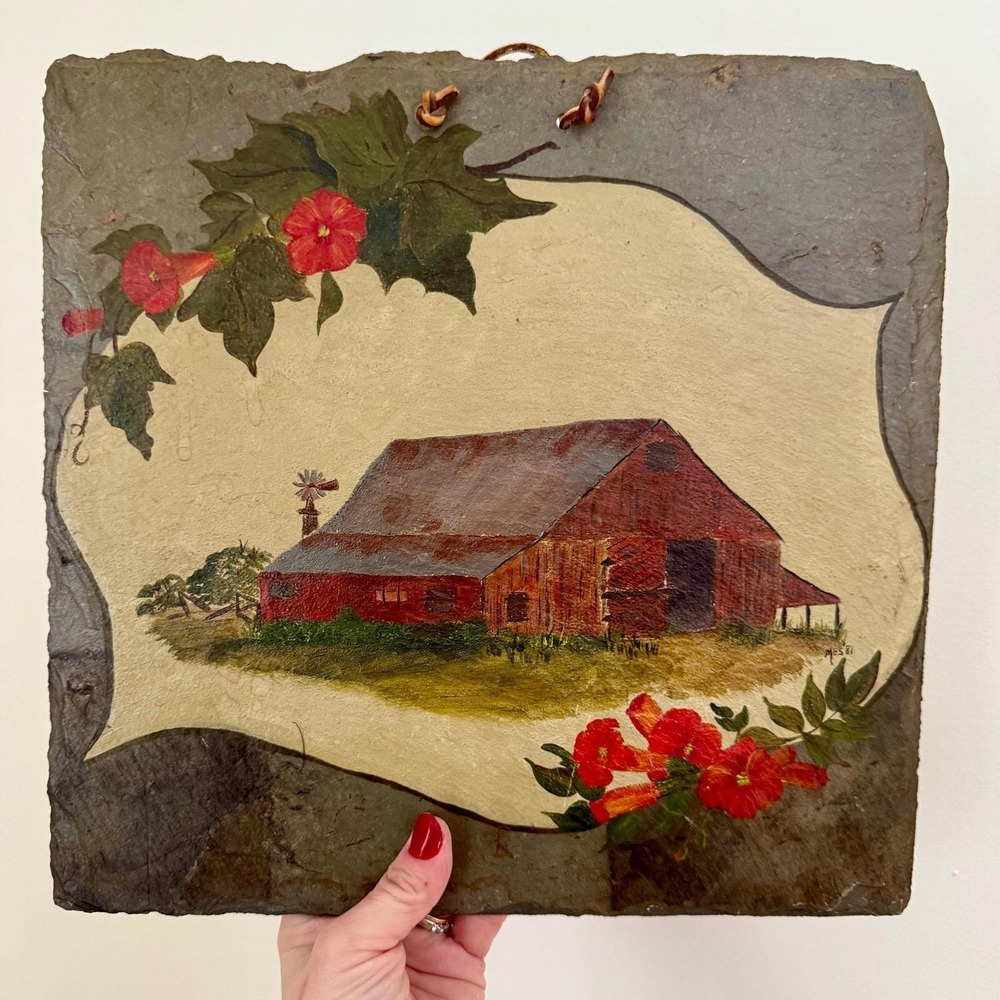 Vintage 1981 Marion Sebesta Hand Painted Slate Red Barn Folk Art Wall Plaque